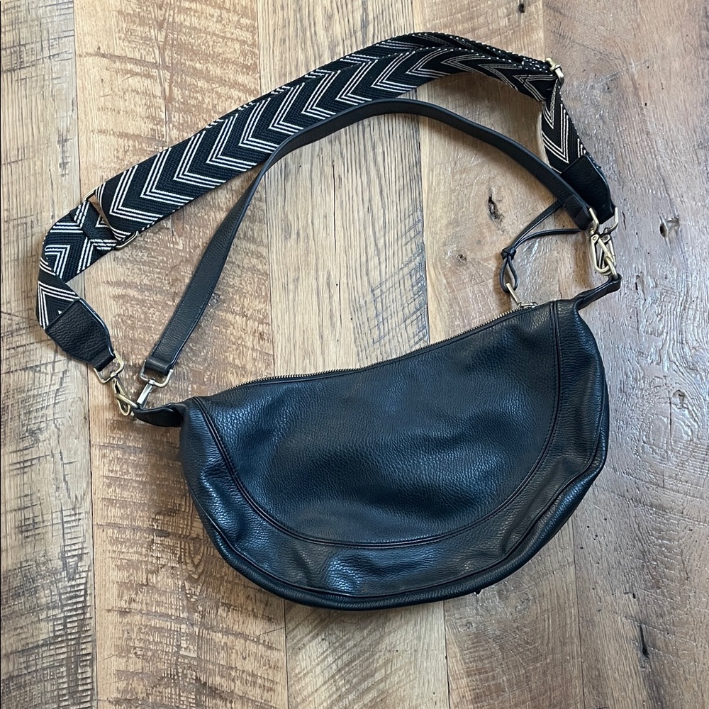 Anthropologie Black Leather Shoulder Bag with Patterned Strap